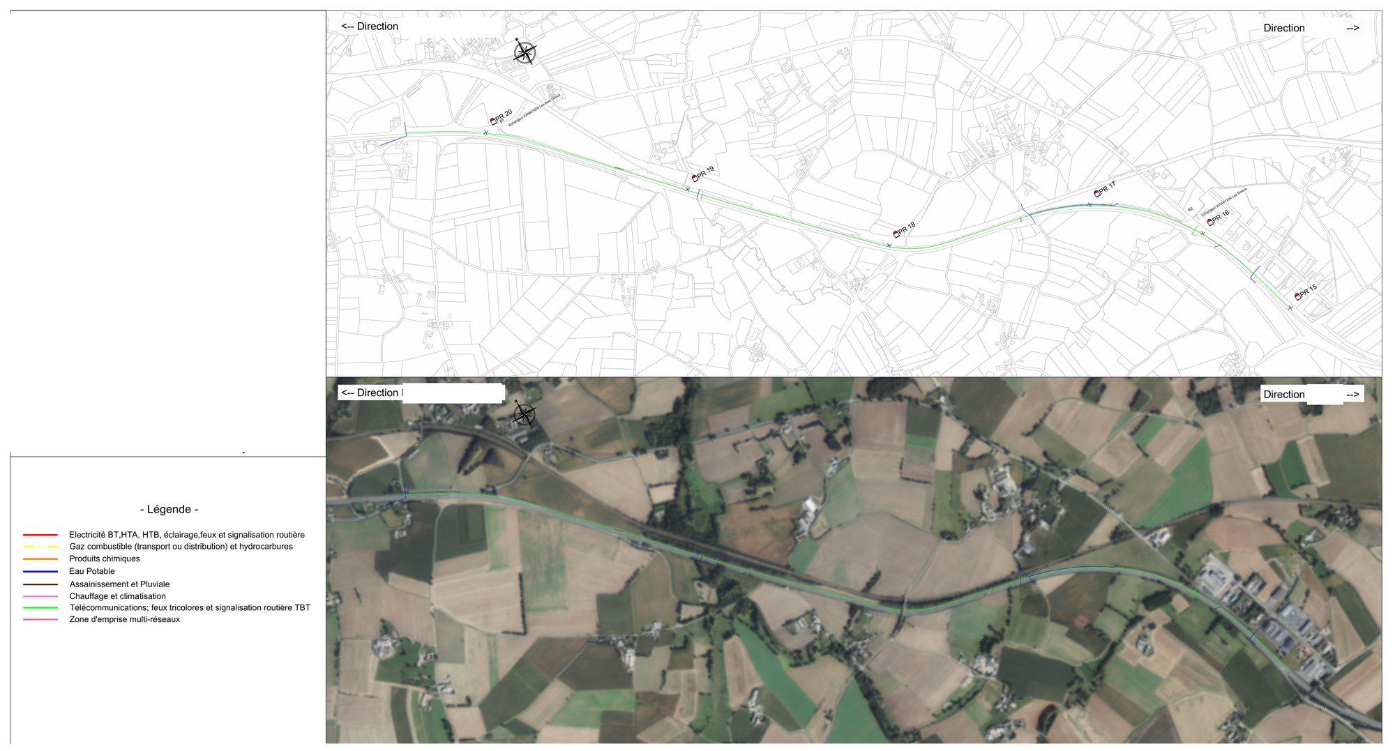 Plan de recensement des réseaux le long d'une route départementale, réalisé sous DWG