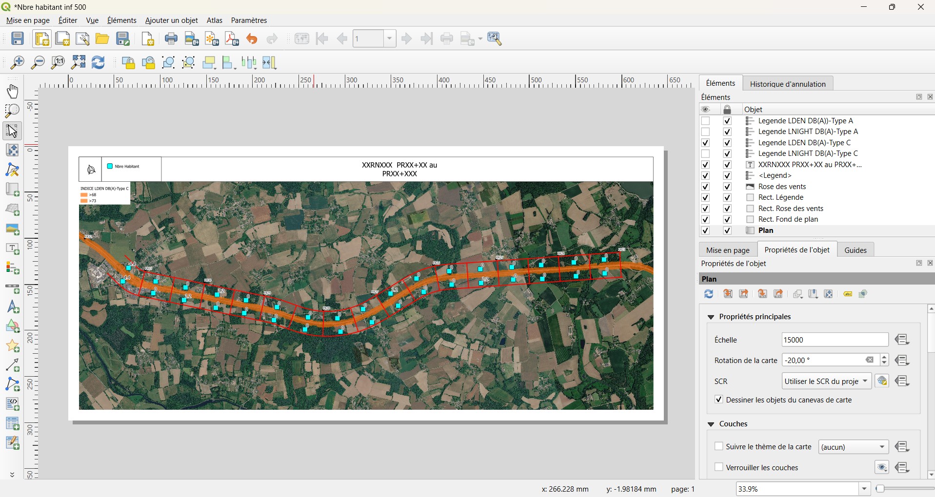 Mise en page QGIS d'une étude d'exposition au bruit le long d'un axe routier